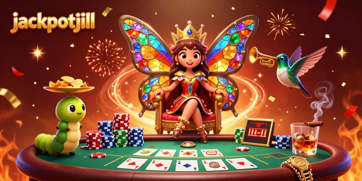 Engage in thrilling poker action with jackpotjill as a butterfly queen presides over a vibrant casino.