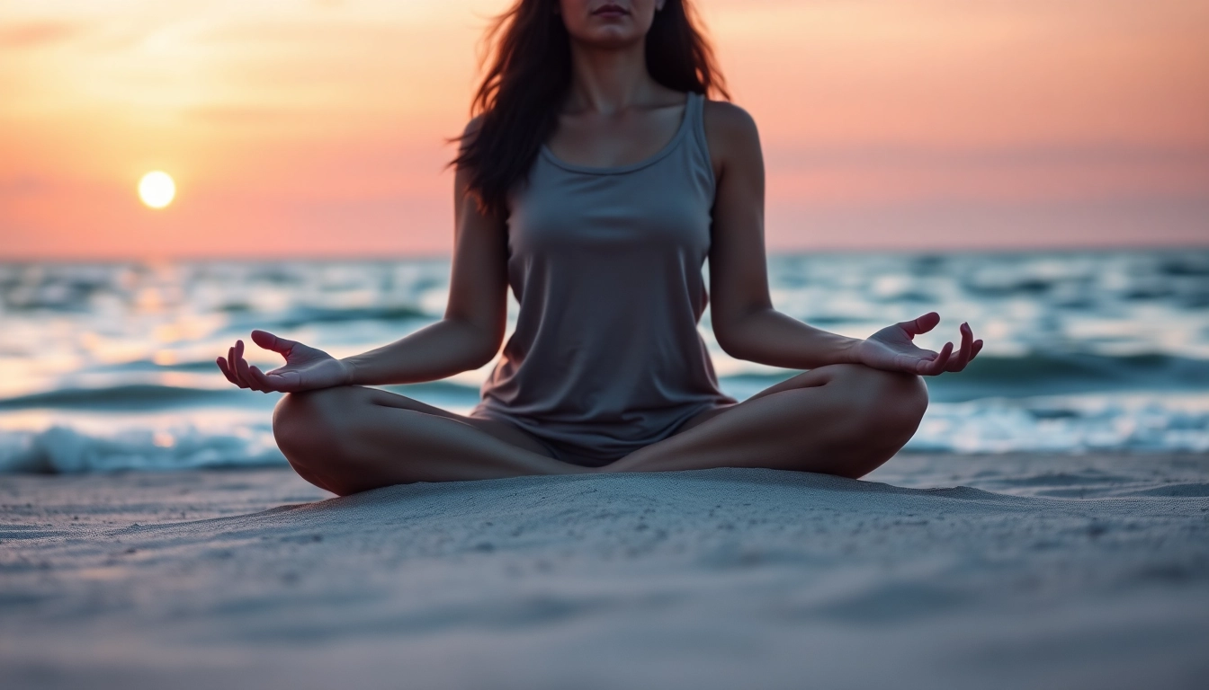 Woman meditating at sunset on the beach, symbolizing relief from stress and anxiety.