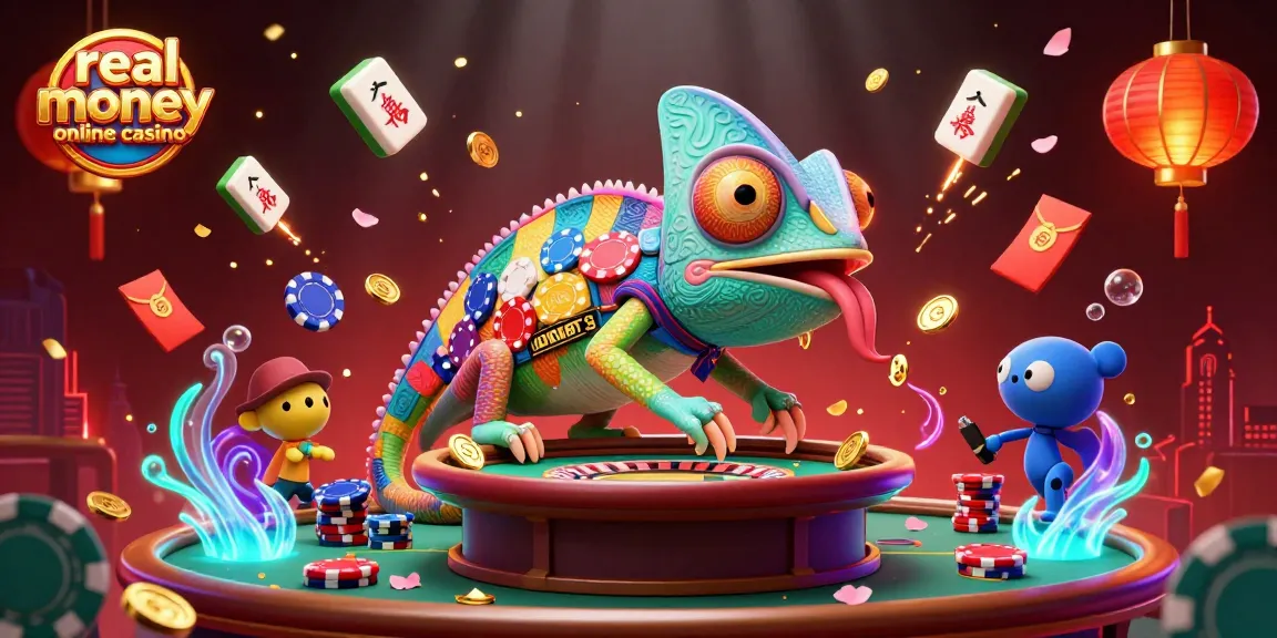 Engage in the thrilling world of real money online casino with a vibrant scene featuring a dynamic chameleon owner and exciting game elements.