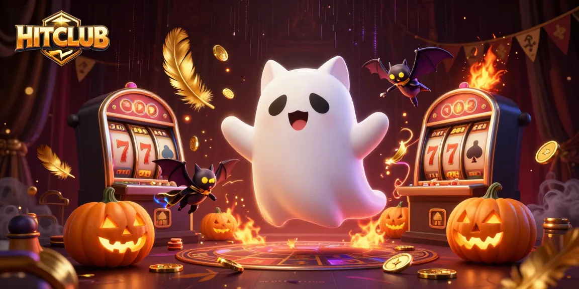 Engage in thrilling gaming at HITCLUB, where a ghost cat guides players through vibrant slot machines and epic jackpots.