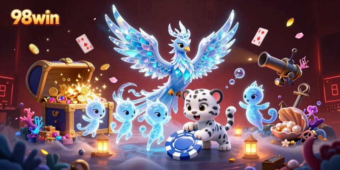 Engage with thrilling casino adventures at 98win amid dazzling 3D ice-themed illustrations and gaming elements.