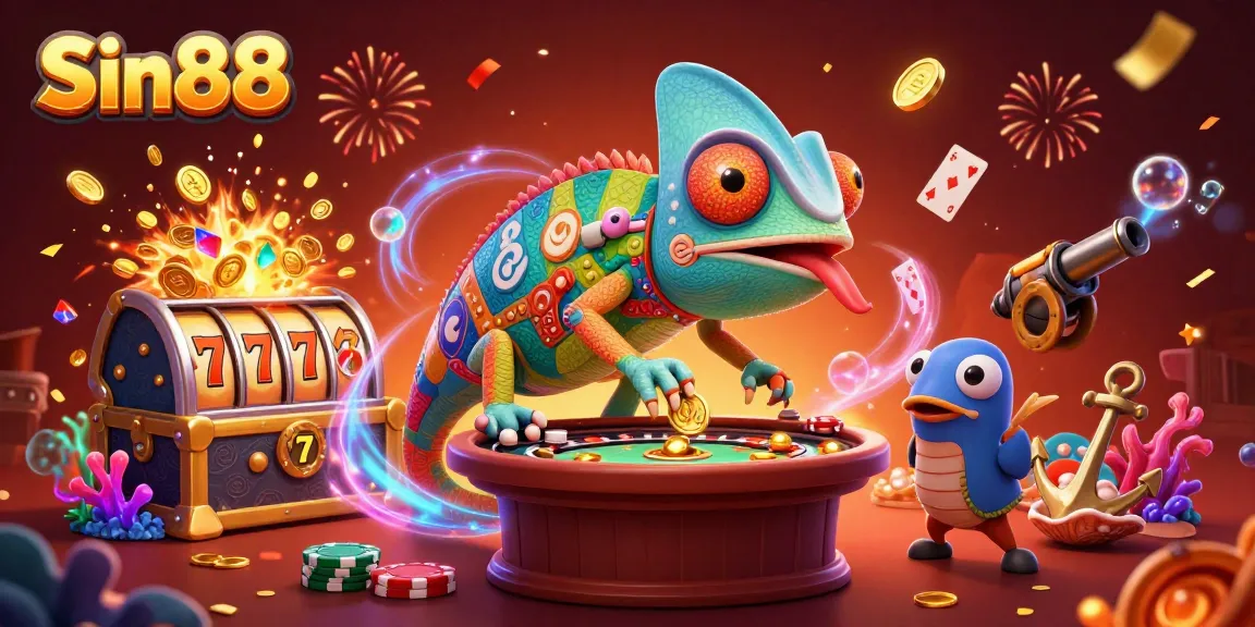 Experience Sin88's vibrant casino adventures with an exciting chameleon character and dynamic slot elements.