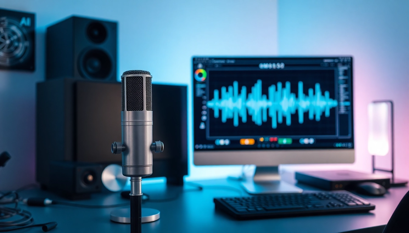 Create a lifelike AI Voice in a modern tech workspace with equipment on display.
