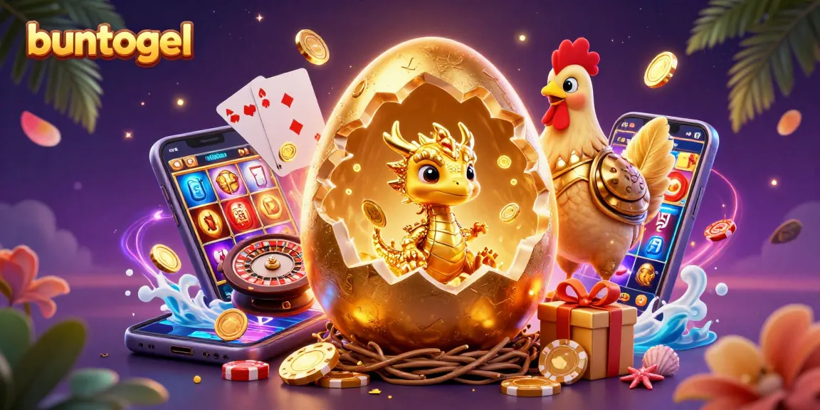 Buntogel showcases a striking 3D display of a golden egg and dragon amidst vibrant gambling symbols.