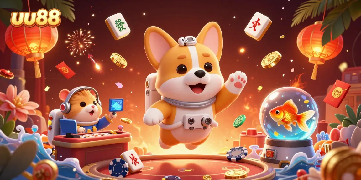 Experience the thrill of uu88 with a floating casino scene featuring playful characters.