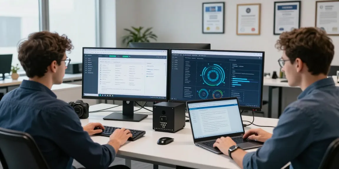 Cyber essentials managed service team reviewing compliance metrics in a modern office.