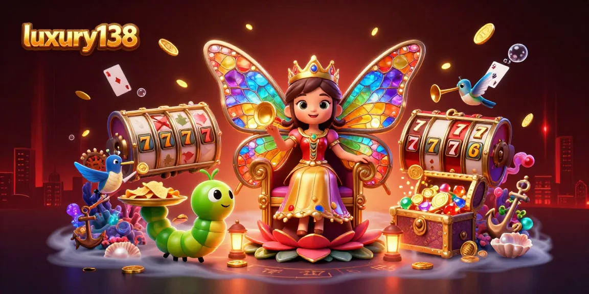 Experience the vibrant luxury138 scene with an enchanting butterfly queen amidst animated slot reels and casino elements.