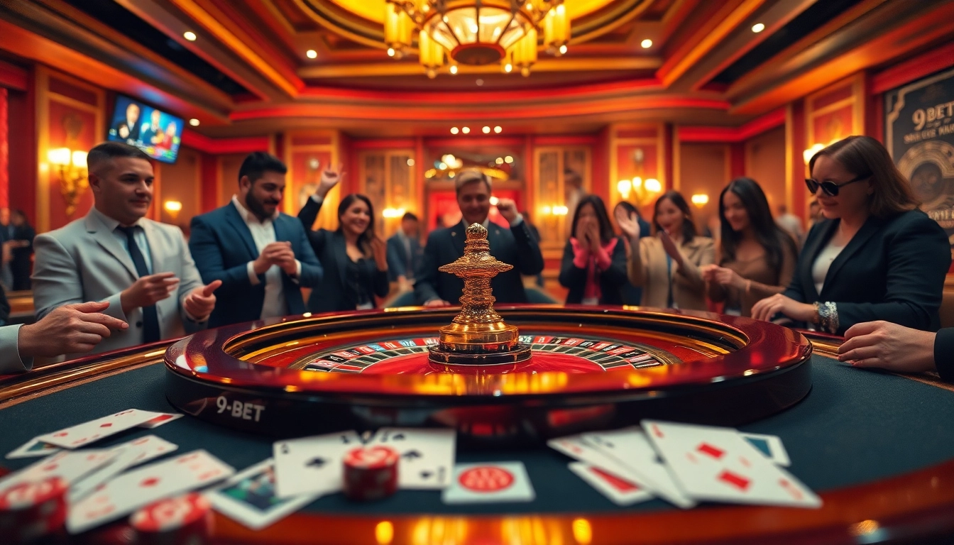 Excited players engaging in a luxurious roulette game at 9bet casino.