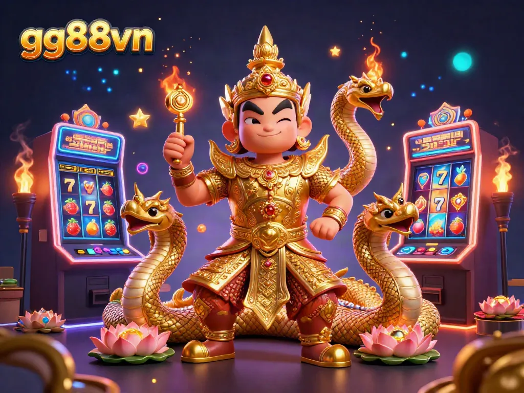 Experience thrilling luck and excitement with gg88vn's vibrant casino scene featuring golden guardians and slot machines.
