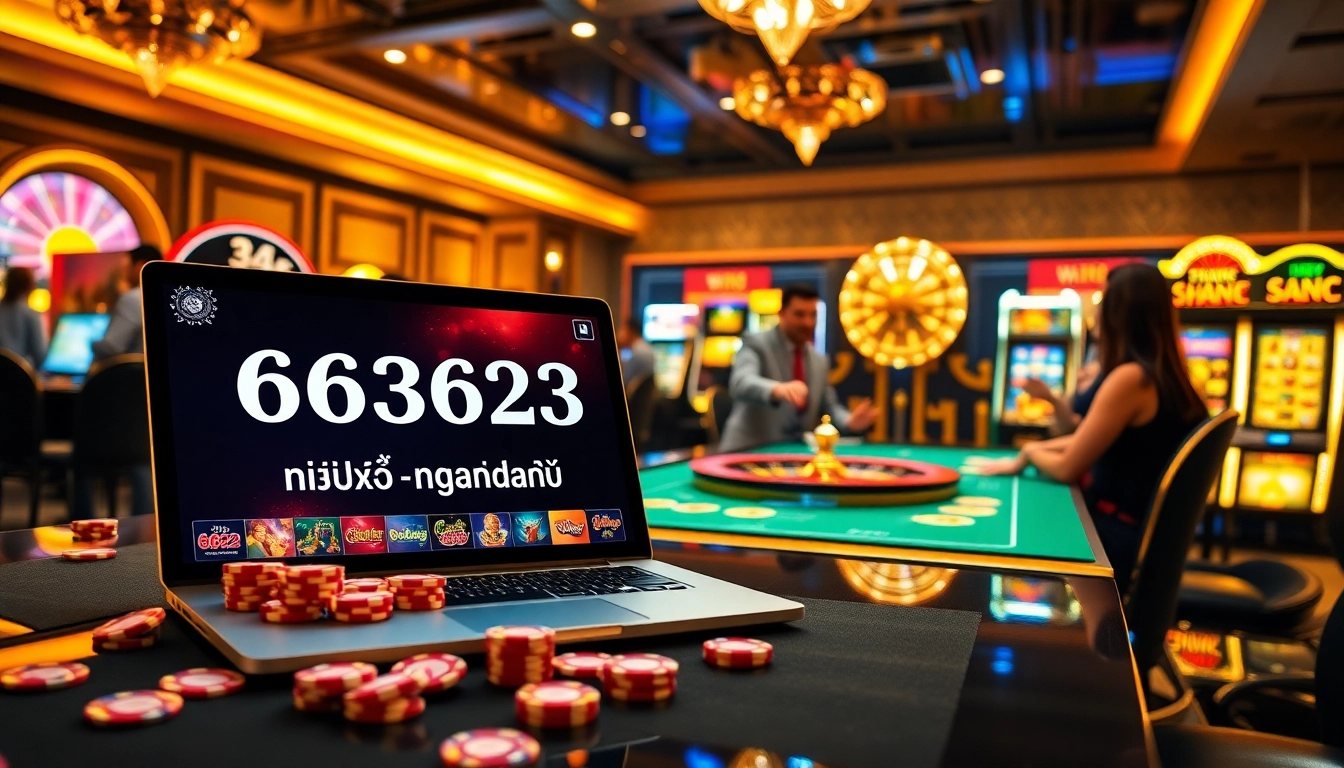 Engaging scene of online gambling with '6623 đăng nhập' displayed, showcasing poker chips and a roulette wheel.