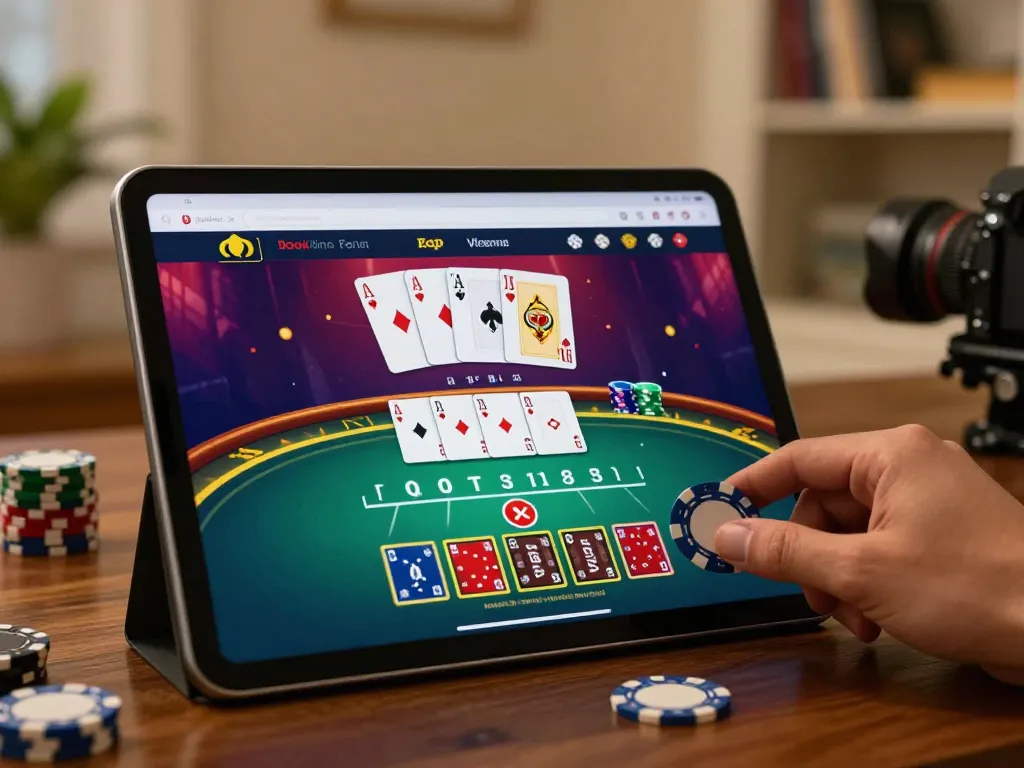 Engaging with lc88's online blackjack interface during a cozy home gaming session.