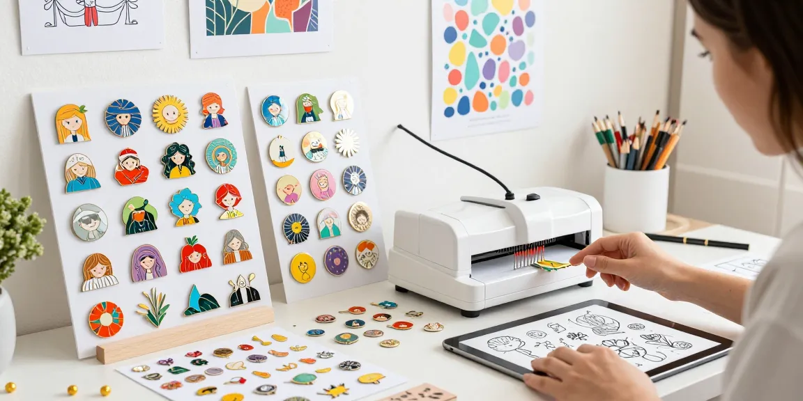 Designer creating unique custom pins with colorful samples in a vibrant workshop.