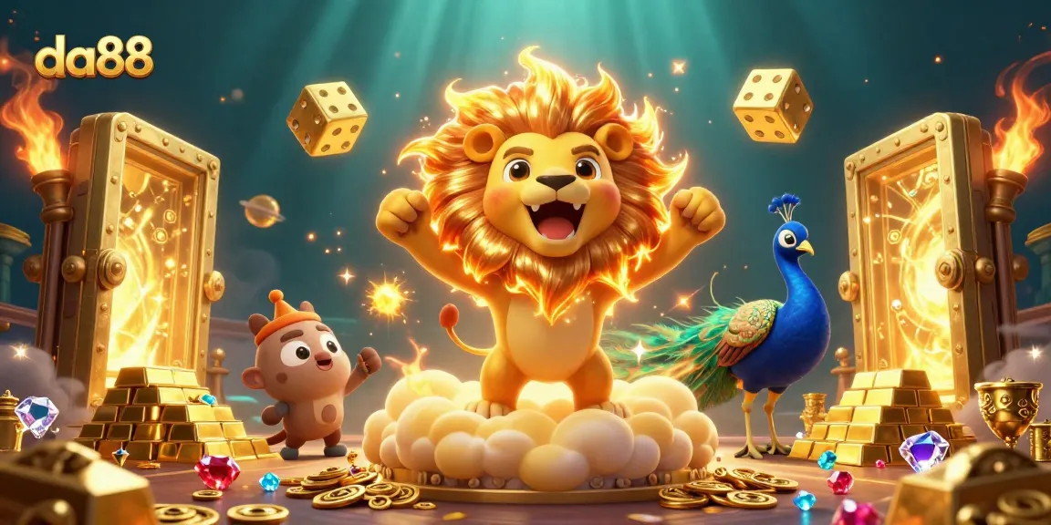 Engage in thrilling gaming at da88 with an exciting 3D casino scene of the sun lion and golden treasures.