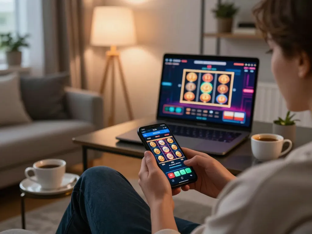 Engaging in online gaming at https://nk88net.com/ with a smartphone, showcasing a vibrant slot machine display.
