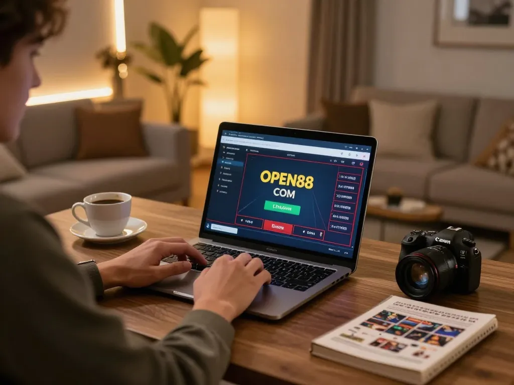 Engaging online gaming on OPEN88 COM with strategic focus in cozy home setting.
