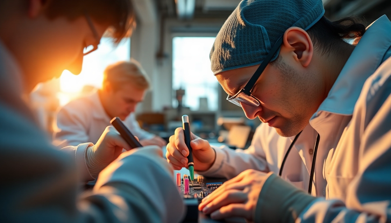 Crea un ambiente di lavoro intensamente concentrato durante una verifica di cerca fase, con strumenti professionali e circuiti dettagliati.