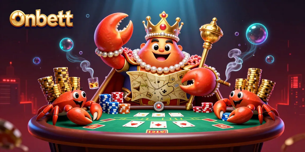 Engage with onbett's vibrant casino scene featuring a crab emperor amidst poker elements.