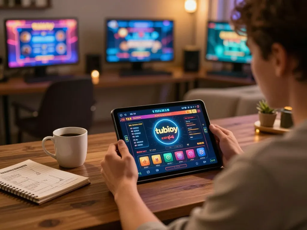 Engaging in tubidy mp4 video gaming with tablet in cozy home environment.