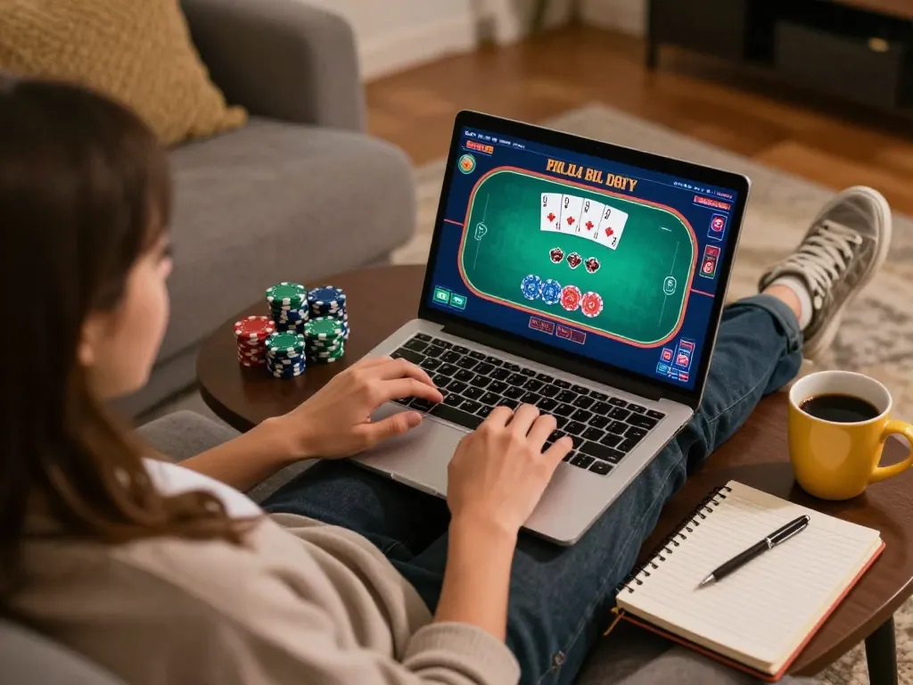 Player enjoys a poker game on MK8 laptop, showcasing chips and cards in a cozy setting.