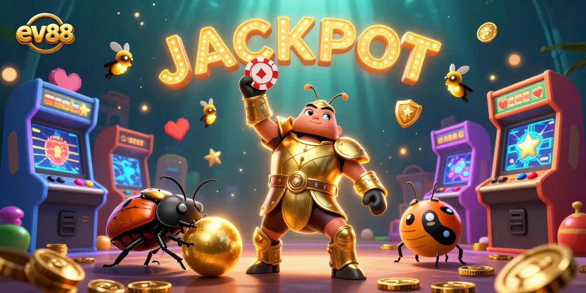 Experience thrills at ev88 with a victorious hercules beetle lifting a poker chip, surrounded by casino-themed elements.