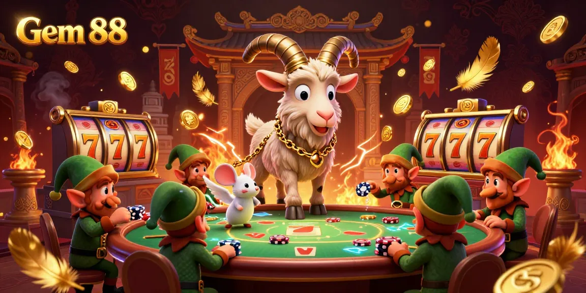 Experience the vibrant casino atmosphere at Gem 88 with a lively Krampus goat and elf gremlins in action.