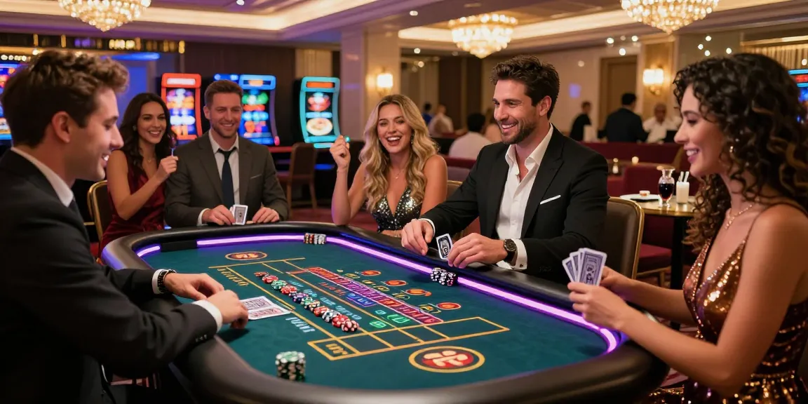 Exciting casino moment at rokok88 with diverse players enjoying roulette at glowing table.