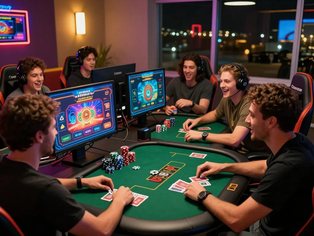 Exciting online gaming scene at https://rikviprent.com with friends enjoying digital casino games, vibrant atmosphere and high-tech setup.