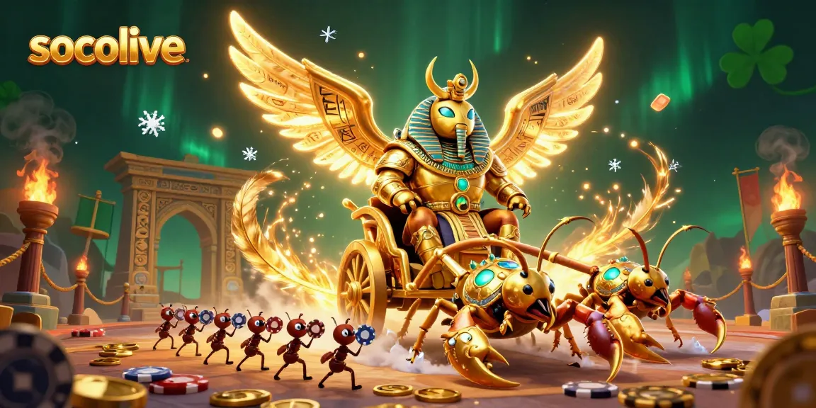 Engage in thrilling gameplay with Socolive's dynamic golden beetle chariot racing in a vibrant casino arena.