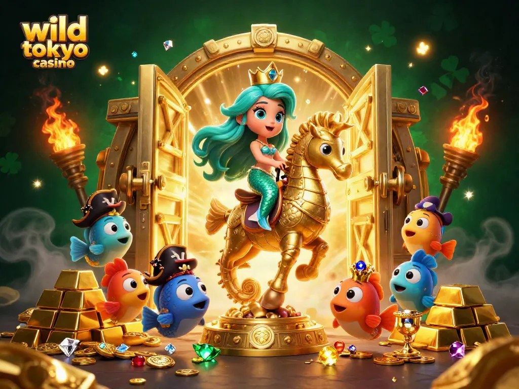 Experience the excitement of wild tokyo casino with vibrant characters and golden treasures in this 3D illustration.