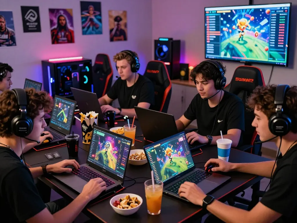 Players enjoying online game sunwin20 in a vibrant gaming setup with snacks and LED lights.