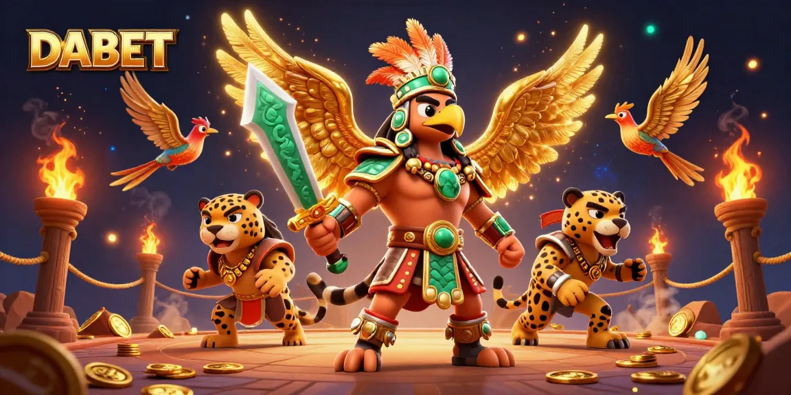 DABET offers thrilling gaming experiences with Aztec warriors battling amidst a vibrant casino setting.