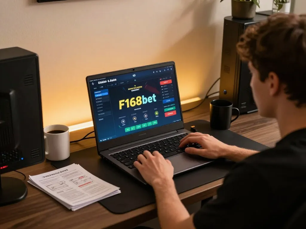 Engaging player using F168bet on laptop for online casino gaming in cozy home setup