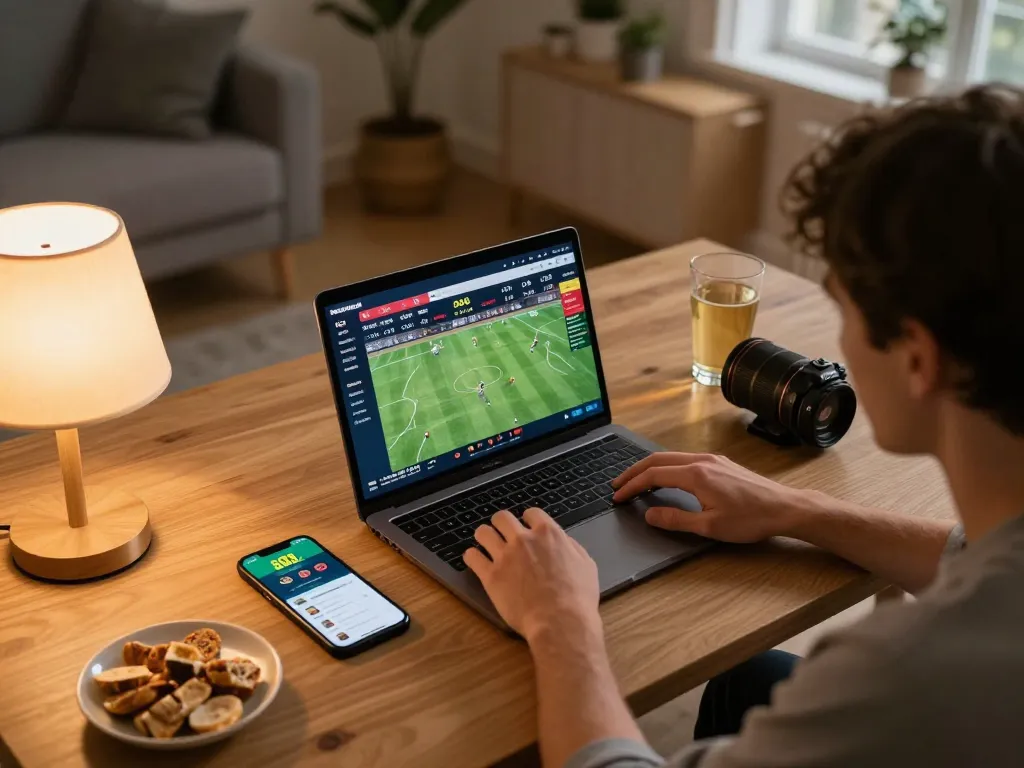Player using 888b on laptop for sports betting, highlighting engaging home gaming setup.