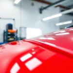 Application of paint protection film near me on a sleek sports car in a professional garage.