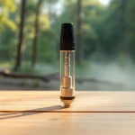 Buy DMT online with this sleek DMT vape cartridge on a wooden surface.