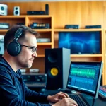 Expert in online audio mastering adjusting sound levels in a modern studio setting.