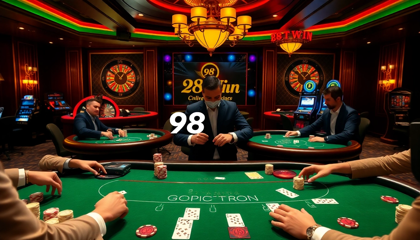 Engaging scene of players at a 98win poker table showcasing excitement and strategy.