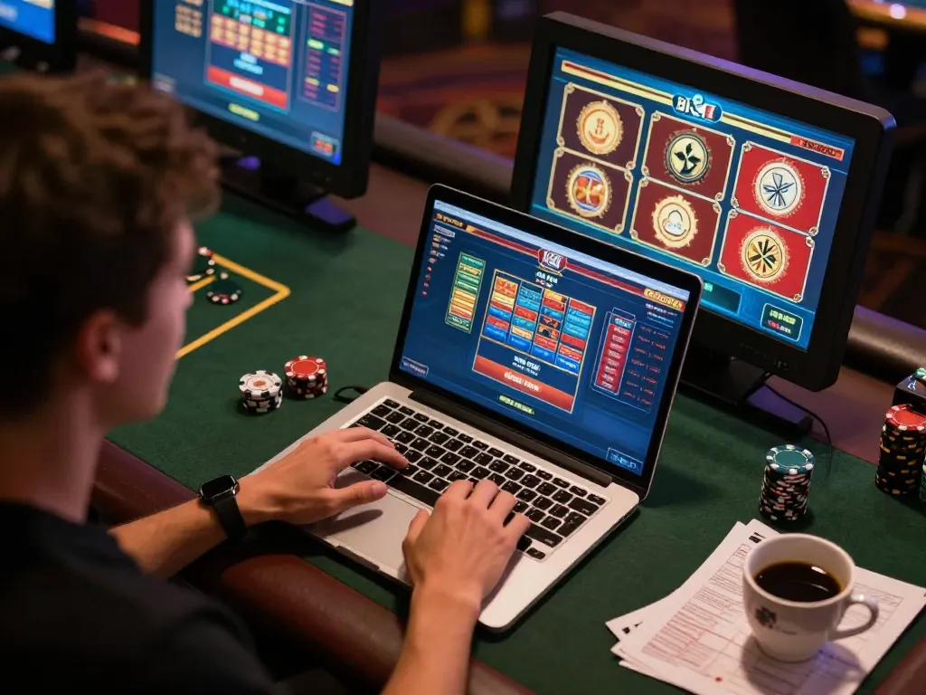 Play poker and slots on F8BET home gaming setup with lively atmosphere and focused gameplay