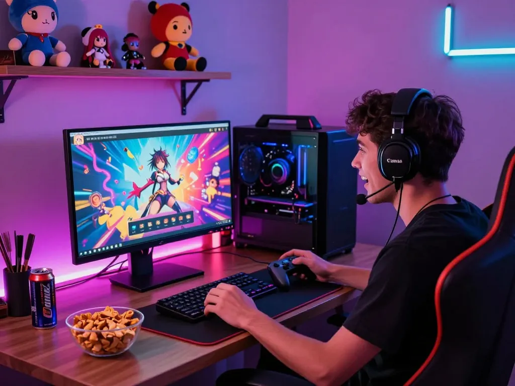 Enjoying an exciting anime porn game on a colorful desktop setup with snacks and anime figures.
