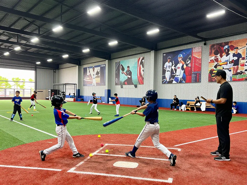 hitclub baseball training scene with young athletes practicing swings indoors