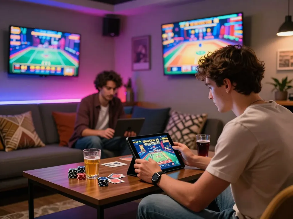 Engaging gaming moment with sunwin20 tablet play in vibrant lounge.