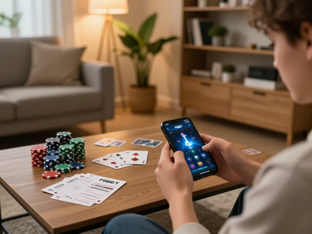 Engaging with F8BET app on smartphone in a cozy home setting, showcasing online gambling.