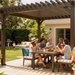 Enjoying a sunny day under a configuratore 3D per pergole, showcasing a stylish outdoor living space.