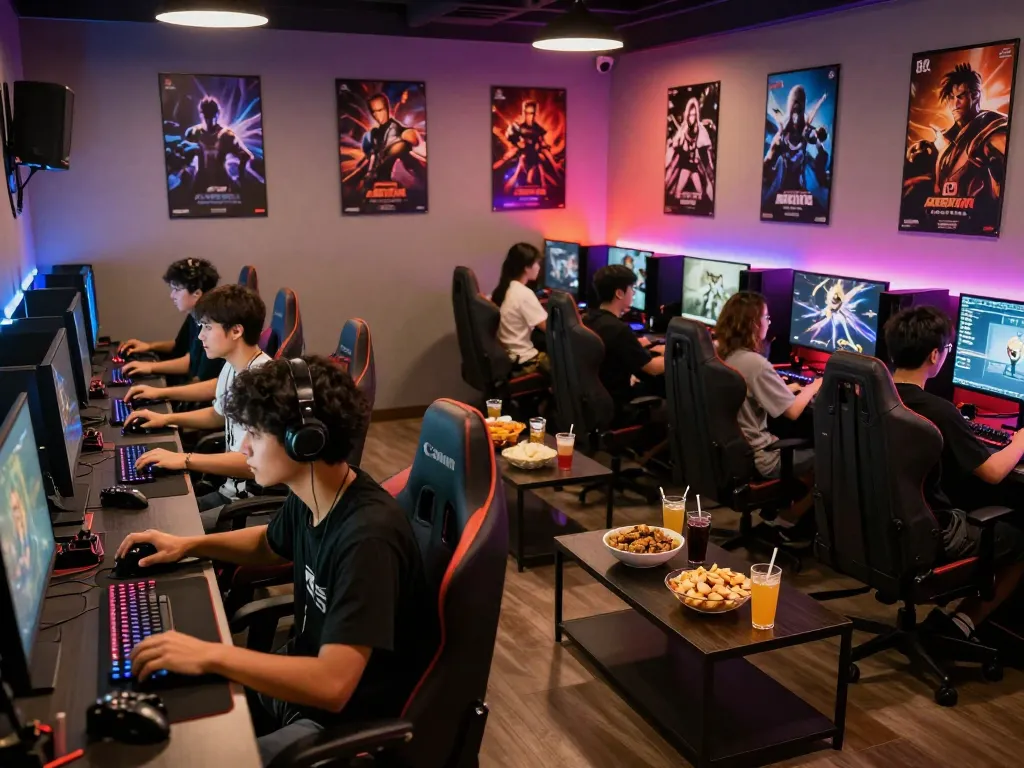 Tải Go88 in a lively gaming lounge, friends enjoying high-end gaming setups.