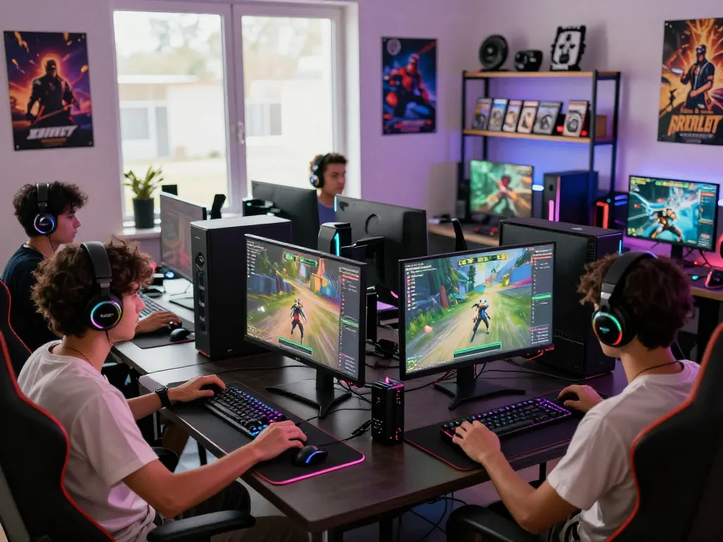 Engaging gaming session with friends at https://bomwin.jp.net/ showcasing high-tech PCs and vibrant atmosphere.