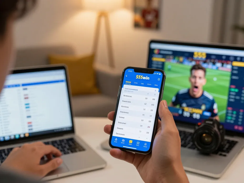 Engaged user checking 555win sports betting app on smartphone in cozy home setting