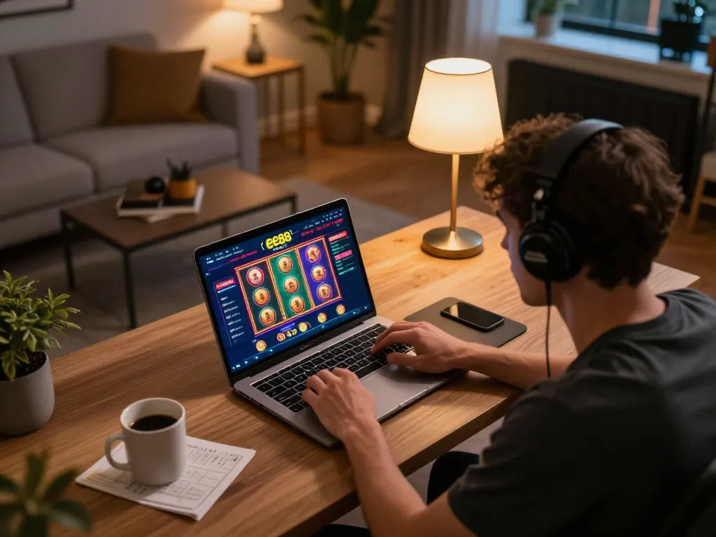 Player engaging with the ee88 online casino interface in a cozy home office setting
