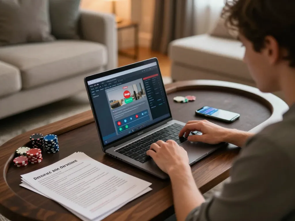 Daga player strategizing on online poker with laptop and app in cozy setup