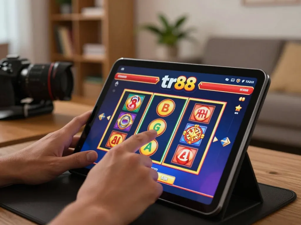 Engaging with tr88 app for online slot gaming in a cozy living room.