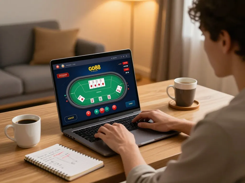 Play poker online with go88 on a cozy laptop setup, showcasing strategy notes and cards.
